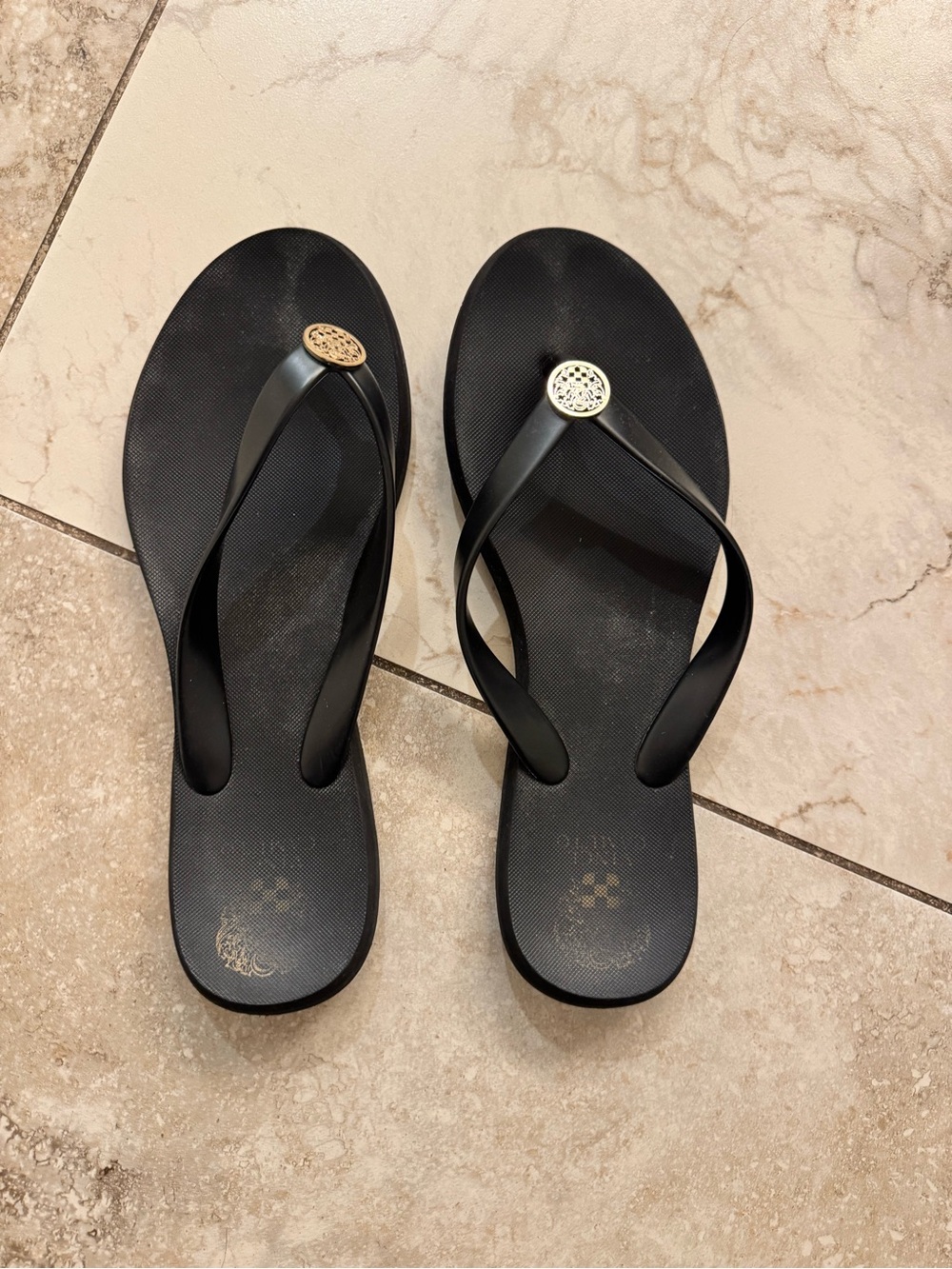 Vince Camuto Black Flip Flop Sandals with Gold Medallion Accent